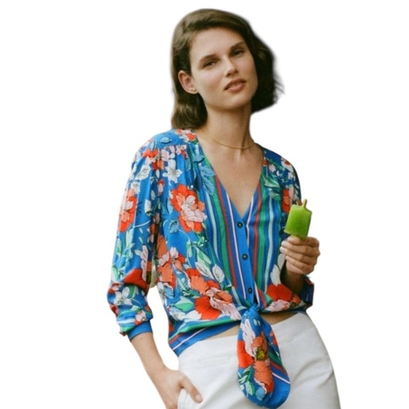 Maeve Anthropologie Elan Scarf Floral Pattern Blouse size 4 Blue Tie Waist - Picture 2 of 8